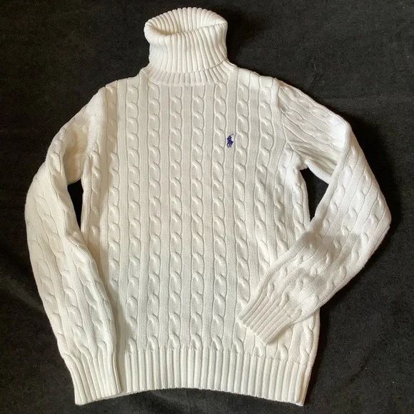 Ralph Lauren Sport CowlNeck Sweater Women Med. White Cable Knit Pullover Cotton - Picture 1 of 12